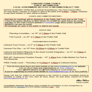 details of meetings in August 2026 in Liskeard