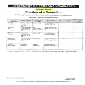 details of candidates standing for election for Liskeard Central Division of Cornwall Council on 1st May 2025
