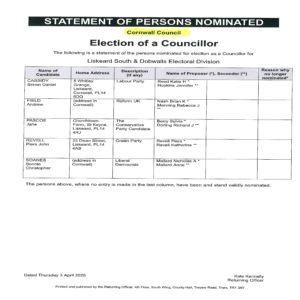 details of candidates standing for Cornwall Council in the Liskeard South & Dobwalls Electoral Division at the election on 1st May 2025