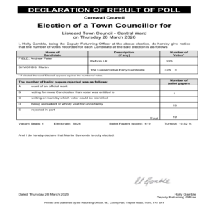 Notice giving result of election on 26 March 2026