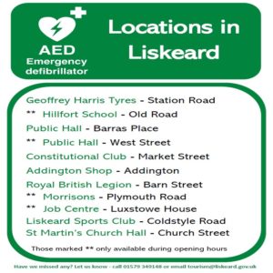 Poster showing location of defibrillators in Liskeard