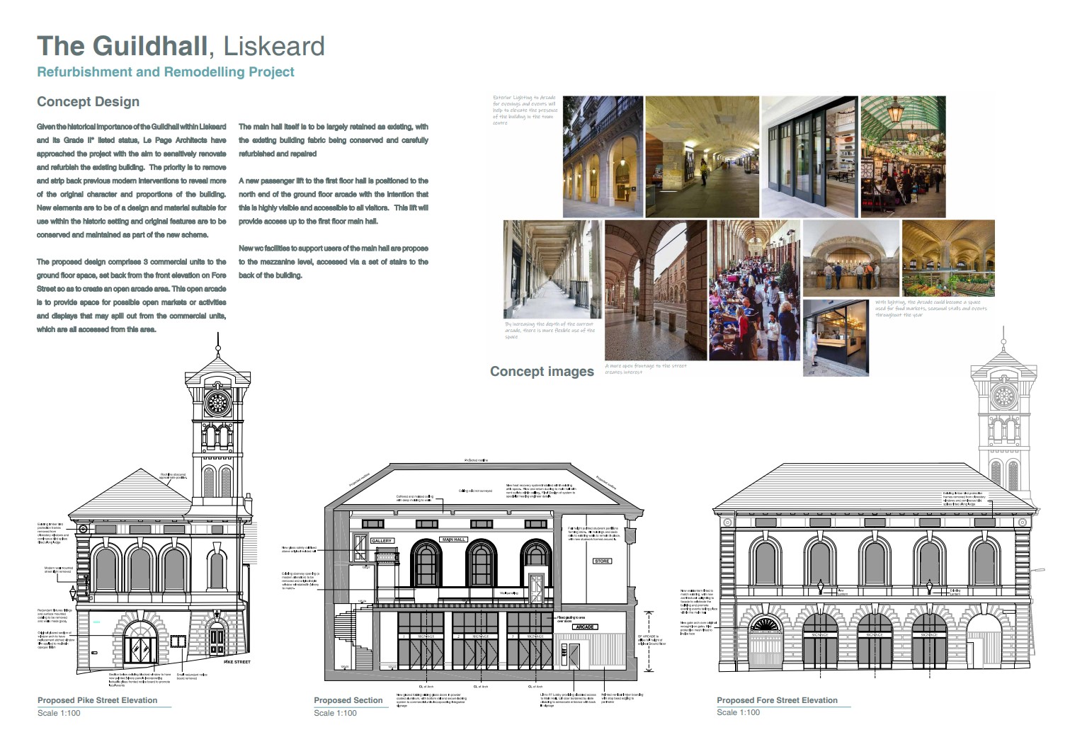 Display board showing plans for redevelopment of the Guildhall in Liskeard including concept images of similar buildings and line drawings of the proposed exterior design
