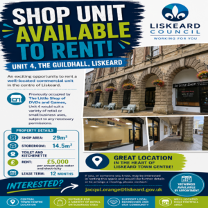 Poster advertising shop available to rent in Liskeard
