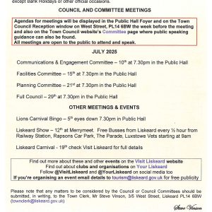 details of Council meetings and town events in July 2025