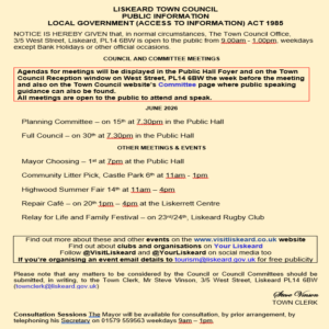 Details of Council meetings and events in Liskeard in June 2026