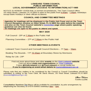 Details of Town Council meetings and events in May 2025