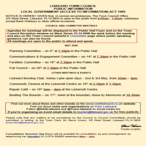 details of Town Council and other events in Liskeard in May