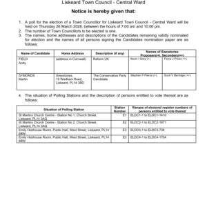 Notice of election for new Liskeard Town Councillor Central Ward to be held on Thursday 26 March 2026