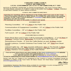 Meetings and events in Liskeard during November info