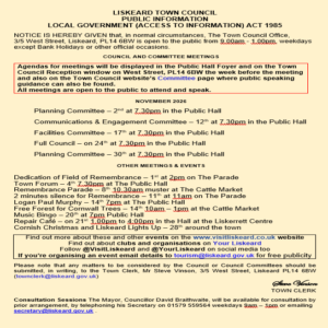Details of meetings and town events in Liskeard November 2026