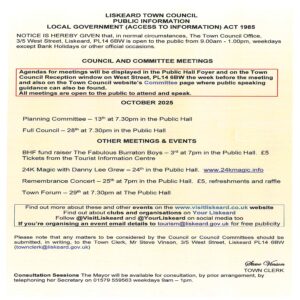 Council meetings and events in October 2025 in Liskeard