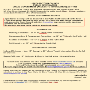 Details of Liskeard Town Council meetings and events in September