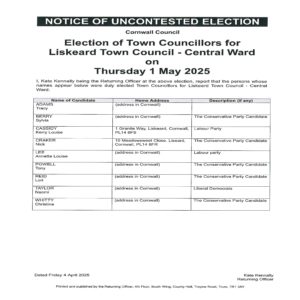 Notice of Uncontested Election for Liskeard South Ward