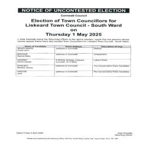 Notice of Uncontested Election for South Ward